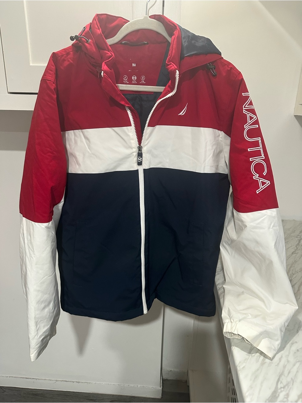 Nautica Red White Navy Color-Blocked Hooded Windbreaker